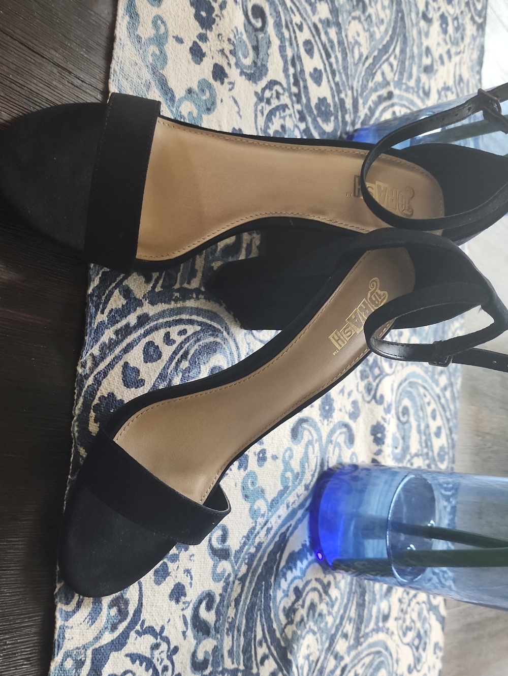 Faux Suede Black Open-Toe Ankle-Strap Block Heels, Sz 9